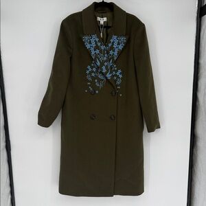WAS HIM Olive Embroidered Wool Blend Trench Coat Floral Lapel NWT Size L